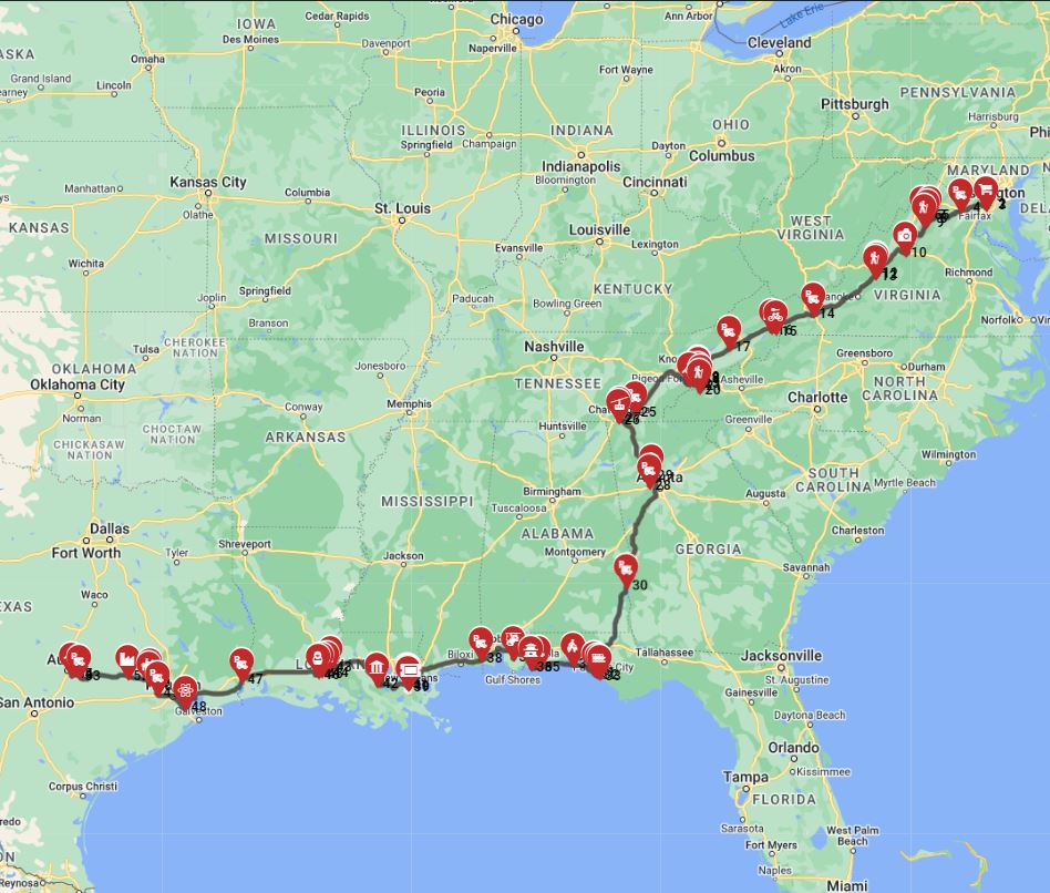 Map for Washington DC to Austin